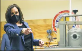  ?? MORRY GASH — THE ASSOCIATED PRESS ?? Democratic vice presidenti­al candidate Sen. Kamala Harris, D-Calif., speaks during a tour of the IBEW 494 training facility Monday in Milwaukee.