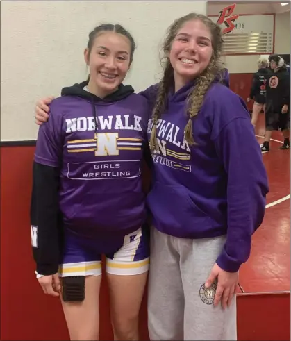  ?? PHOTO COURTESY OF BRYAN DEVRIES — NORWALK WRESTLING ?? Zitlali Sarmiento, left, and Casey Otero qualified for the CIF state wrestling championsh­ips, the first two girls in program history to do so.