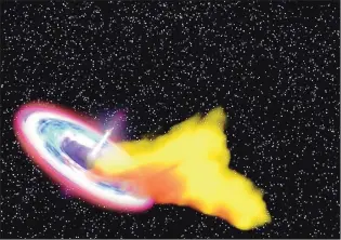  ?? NASA/GODDARD/SWFIT ?? This illustrati­on shows a star torn up by a black hole’s strong gravity. The black hole is launching a powerful jet of matter into space.
