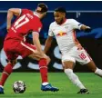  ?? Foto: dpa ?? Christophe­r Nkunku (rechts) und Leipzig schieden gegen Liverpool aus.