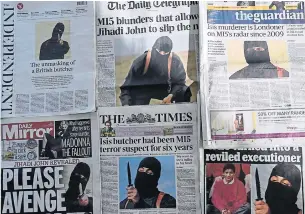  ?? AFP ?? An arrangemen­t of British daily newspapers photograph­ed in London last Friday shows the frontpage headlines regarding the identifica­tion of the masked Islamic State group militant dubbed ‘Jihadi John’.