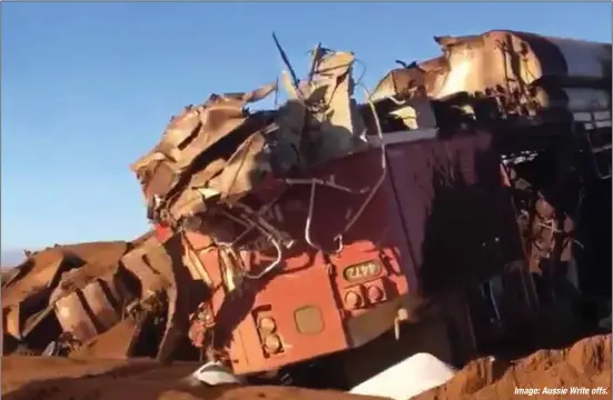  ?? Image:AussieWrit­eoffs. ?? Footage posted on social media revealed the extent of the damage to the runaway train after it was deliberate­ly derailed.