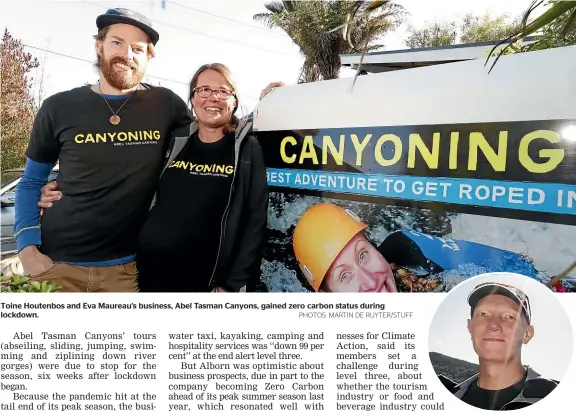  ?? PHOTOS: MARTIN DE RUYTER/STUFF ?? Toine Houtenbos and Eva Maureau’s business, Abel Tasman Canyons, gained zero carbon status during lockdown.
Abel Tasman tour operator Brendan Alborn is urging all visitor sector businesses in the region to go zero carbon.