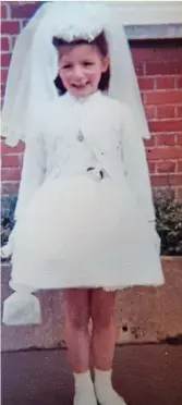  ??  ?? secret: Mora Hughes on the day of her First Holy Communion and, above right, Mora today