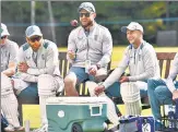  ?? AP ?? England coach Brendon Mccullum (centre) shares a light moment with Jonny Bairstow and Joe Root on Thursday.