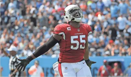  ?? STEVE ROBERTS/USA TODAY SPORTS ?? The Cardinals’ Chandler Jones celebrates one of his five sacks. He also forced two fumbles.