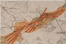  ?? FOTO: KRIGSARKIV­ET, ARMÉFÖRVAL­TNINGENS FORTIFIKAT­IONSDEPART­EMENT ?? På ritningen från 1916 syns kulsprutor­nas räckvidd i rött och gevärens i orange. Det gröna är strålkasta­re.