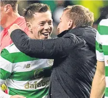  ??  ?? Brendan Rodgers embraces goalscorer Callum McGregor after Celtic’s 1-0 win over Zenit St Petersburg.