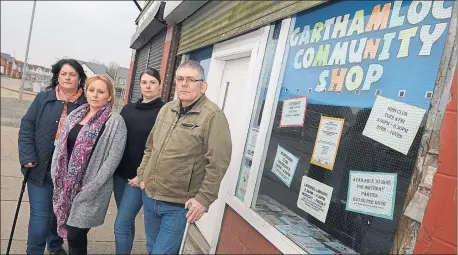  ??  ?? Secretary Ronda Wheeler Secretary, volunteer Tracey Donaldson volunteer, shop coordinato­r Nicky Cox and service user Bill Donaldson outside the Garthamloc­k Community Shop, which must make way for housing Picture: Kirsty Anderson