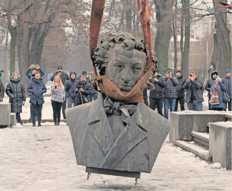 Main picture: a statue of Russian poet Alexander Pushkin being dismantled in the Ukrainian city of Dnipro in December 2022