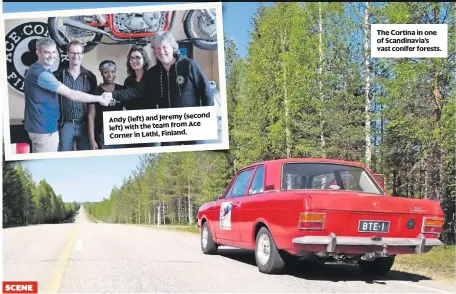  ??  ?? (second Andy (left) and Jeremy
Ace left) with the team from Corner in Lathi, Finland. The Cortina in one of Scandinavi­a’s vast conifer forests.