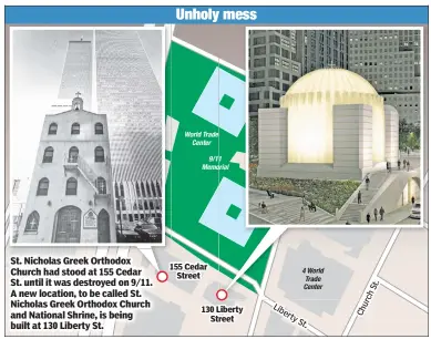  ??  ?? St. Nicholas Greek Orthodox Church had stood at 155 Cedar St. until it was destroyed on 9/11. A new location, to be called St. Nicholas Greek Orthodox Church and National Shrine, is being built at 130 Liberty St.