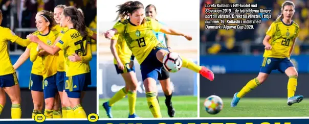  ?? ?? Loreta Kullashi i EM-kvalet mot Slovakien 2019 – de två bilderna längre bort till vänster. Direkt till vänster, i tröja nummer 19, Kullashi i mötet med Danmark i Algarve Cup 2020.