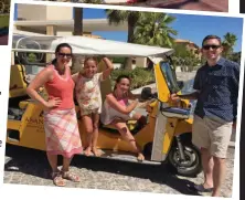  ??  ?? Little yellow taxi: Richard, Montserrat, Sofia and Marina with the tuk-tuk that does the beach runs