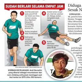  ?? FOTO: REPRO DOK PRIBADI - GRAFIS:ADNAN/JAWA POS ?? KORBAN KECELAKAAN: Andi Nursaiful yang dikenal sebagai mountainee­r dan rock climbing enthusiast meninggal saat ikut lomba lari BTS Ultra 100 kemarin.