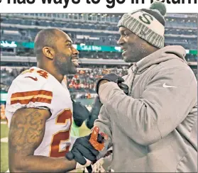  ?? Paul J. Bereswill ?? IT’S ME AGAIN: Ex-Jet Darrelle Revis (left), who debuted for the Chiefs, shakes hands with former coach Todd Bowles after the Jets’ 38-31 win at MetLife Stadium on Sunday.