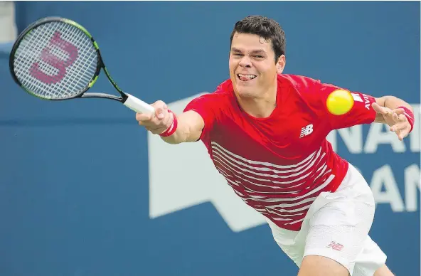  ?? — THE CANADIAN PRESS ?? Milos Raonic of Canada needed just 65 minutes to defeat Yen-Hsun Lu of Taiwan during the second round at the Rogers Cup in Toronto Wednesday to improve to 38-9 this season. He will face Jared Donaldson of the U.S. in his next match Thursday.