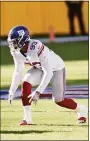  ?? G Fiume / Getty Images ?? The Giants’ Trent Harris lines up during a game in 2020.