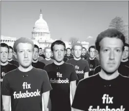  ?? LAWRENCE JACKSON / THE NEW YORK TIMES FILE ?? Cardboard cutouts of Mark Zuckerberg, Facebook’s CEO, are set out in front of the U.S. Capitol on April 10. Facebook has gone on the attack as one scandal after another — Russian meddling, data sharing, hate speech — has led to a congressio­nal and consumer backlash.