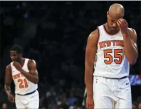  ?? ANDRES KUDACKI - THE ASSOCIATED PRESS ?? New York Knicks Jarrett Jack, right, reacts during the second half of a preseason NBA basketball game against Houston Rockets at Madison Square Garden in New York, Monday, Oct. 9, 2017.