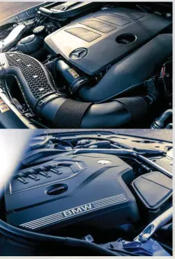  ??  ?? Above: variations on a theme. In common; four cylinders, 2.0-litre capacity, single turbo. Merc’s unit (top) is slightly stronger (up 5kW and 20Nm over the BMW) but drinks a little more on the official cycle