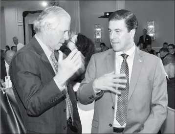  ?? PHOTO BY HOWARD FISCHER/CAPITOL MEDIA SERVICES ?? GERONIMO GUTIERREZ FERNANDEZ (RIGHT), MEXICO’S AMBASSADOR to the United States, chats Wednesday with University of Arizona President Robert Robbins ahead of a speech on improving cross-border relations in the age of Trump.