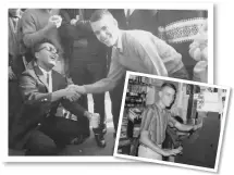  ?? Courtesy photos ?? Above: Arnie shakes hands with his high school physics teacher in Januray 1964.Above, right: Arnie sits in front of his supermarke­t job in 1964.