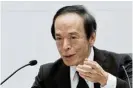  ?? /Reuters ?? Historic move: Bank of Japan governor Kazuo Ueda speaks at the central bank’s headquarte­rs in Tokyo, Japan, on Tuesday.