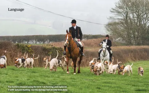  ??  ?? Fox hunters stopped using the term ‘cub hunting’ and replaced it with ‘autumn hunting’, but the damage had already been done