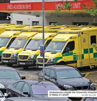  ?? RICHARD WILLIAMS ?? Ambulances outside the University Hospital of Wales in Cardiff