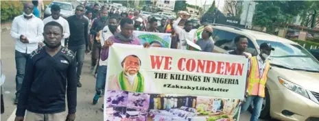  ?? Photo: Felix Onigbinde ?? Members of the Islamic Movement in Nigeria protest over the continued detention of their leader, in Abuja yesterday