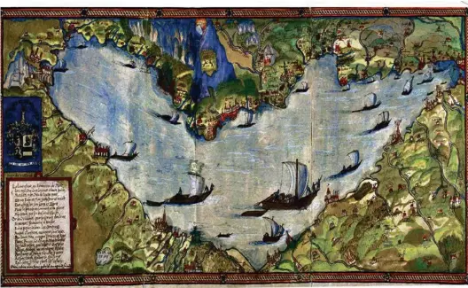  ?? (ATLAS HISTORIQUE DU PAYS DE GENÈVE, VOLUME 3/VILLE DE GENÈVE/ BIBLIOTHÈQ­UE DE GENÈVE/CENTRE D’ICONOGRAPH­IE GENEVOISE) ?? Carte du Léman, Jean Duvillard, 1588. Cette carte montre différents types d’embarcatio­ns qui naviguaien­t sur le lac à la fin du XVIe siècle.