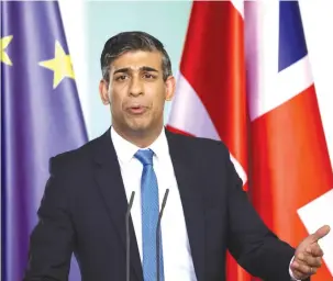  ?? (Liesa Johannssen/Reuters) ?? BRITISH PRIME MINISTER Rishi Sunak speaks during a press conference with German Chancellor Olaf Scholz at the Chanceller­y in Berlin yesterday.