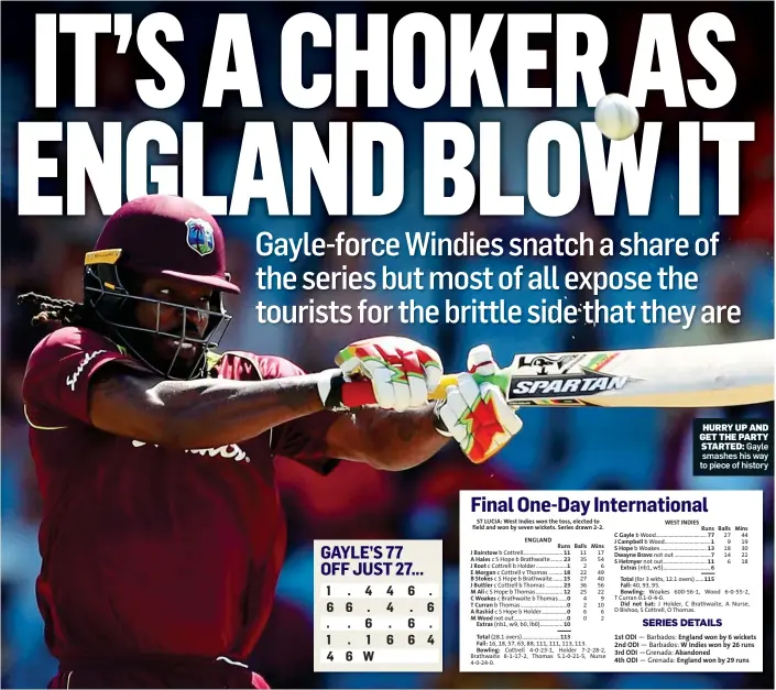  ??  ?? Gayle smashes his way to piece of history HURRY UP AND GET THE PARTY STARTED: