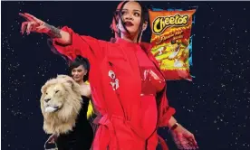  ?? Guardian Design/Getty Images/AP ?? Hitting the heights … from left: Kylie Jenner wearing Schiaparel­li couture, Rihanna at the Super Bowl and a packet of Cheetos. Composite: