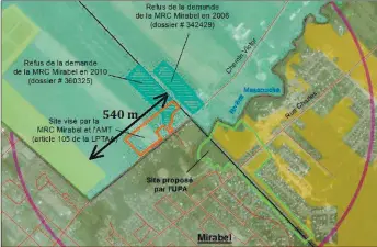  ??  ?? Source : Fédération de l’UPA d’Outaouais-Laurentide­s Terrain prévu pour la nouvelle gare en zone agricole et site proposé par l’UPA.