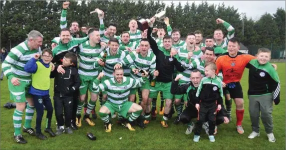  ?? Picture: Larry McQuillan ?? Newfoundwe­ll players, supporters and members of the management team celebrate after winning the NEFL Premier Division trophy last season.