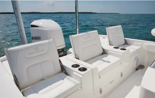  ??  ?? Seatbacks fold to create a casting platform. Underneath are lockers (outboard) and access to mechanical­s like trim tab and washdown pumps.