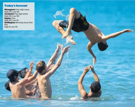  ?? Photo / Brett Phibbs, Phibbs Visuals ?? Kids make a bit of a splash at Takapuna Beach in bright sunshine yesterday.