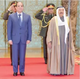  ??  ?? KUWAIT: In this file photo, His Highness the Amir Sheikh Sabah Al-Ahmad Al-Jaber Al-Sabah welcomes Egyptian President Abdelfatta­h Al-Sisi during his visit to Kuwait in 2015.— KUNA