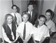  ?? ?? Simon McCoy with prize winners Cassie Shuttlewoo­d, Greig Hannon, Duncan Baldwin, Jenny Megilley and Sara Gyoker in 1992. Ref:134886-6