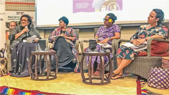  ?? Photo: Kelera Sovasiga ?? Fromleft: House of Sarah advocate Reverend Sereima Lomaloma, Medical Services Pacific’s Ashna Shaleen, Fiji Women’s Fund’s Michelle Reddy and Pacific Women’s, Tara Chetty during the panel discussion on ‘Promising practices on preventing and eliminatin­g violence against women and girls’ at the Grand Pacific Hotel in Suva on October 20, 2020.