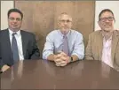  ??  ?? Attorneys Andrew Gross, Alan Patterson and Patrick Nightingal­e, from Cannabis Legal Solutions, in their office Downtown on Wednesday.
