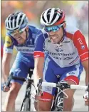  ?? Ap-thibault Camus, File ?? France’s Thibaut Pinot, right, and France’s Julian Alaphilipp­e cross the finish line of the eighth stage of the Tour de France cycling race over 125 miles with start in Macon and finish in Saint Etienne, France.