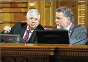  ?? BOB ANDRES /BANDRES@AJC.COM ?? Sen. Jack Hill (left) and Rep. Terry England chair the joint appropriat­ions committee meeting at the Capitol.