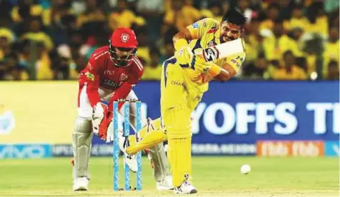  ?? PTI ?? ■ Suresh Raina of the Chennai Superkings plays the ball off his legs during his unbeaten 61 in the final league encounter against Kings XI Punjab in Pune on Sunday. CSK beat Punjab by five wickets after chasing down a target of 154.