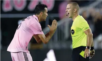  ?? PNK Stadium. Photograph: James Gilbert/Getty Images ?? Sergio Busquets, left, argues with the referee in the first half during an August match between Nashville SC and Inter Miami CF at DRV