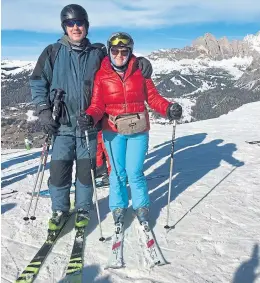 ??  ?? ● Writer Alison and husband Douglas on the slopes, before heading for some après-ski in Rubina’s Park Hotel, below