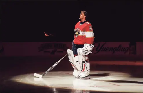  ?? Eliot J. Schechter / NHLI via Getty Images ?? Panthers goalie Spencer Knight, a Darien native, stands on the ice during pregame introducti­ons before Tuesday’s game against the Blue Jackets in Sunrise, Fla. Knight made is NHL debut in in a 5-1 win.