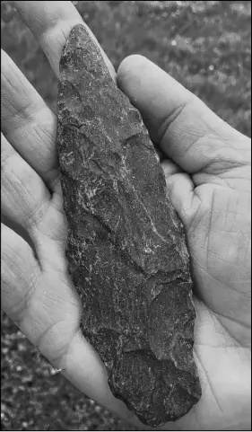  ?? Tesa Elliott photo ?? This Aboriginal stone tool artifact — a spearhead or knife blade — was found by a hiker last May in the Scotsburn area.